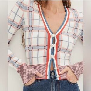 Veronica Beard Red, Blue & White Plaid V-Neck Cardigan